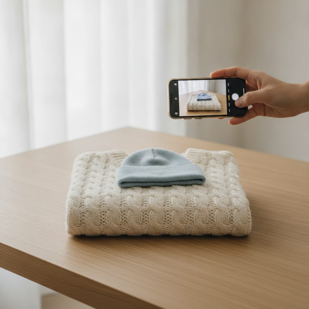 Kleding fotograferen doe je simpel met je telefoon Hand fotografeert kleding voor webshop met een smartphone op tafel