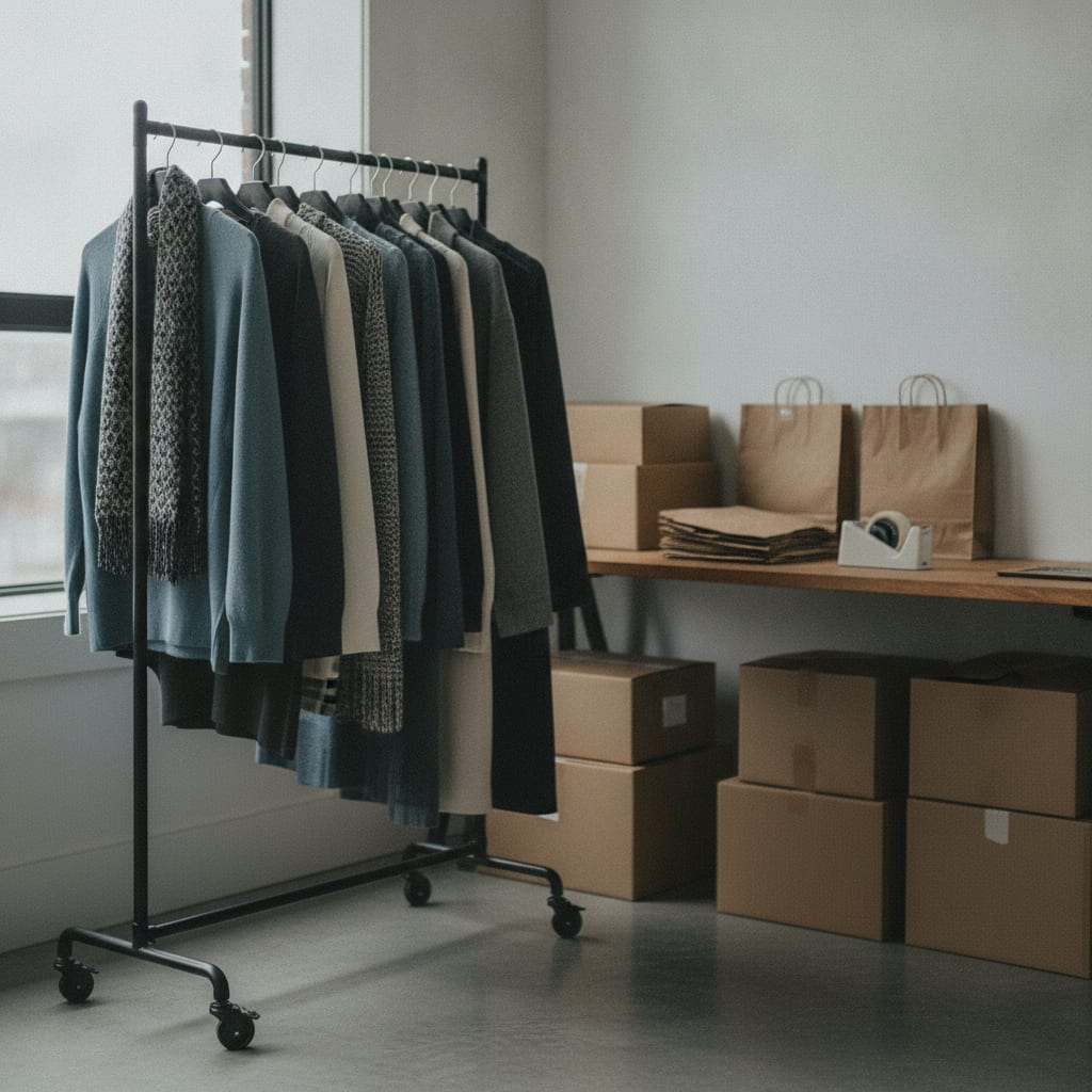 Magazijn met kledingrek toont werk achter product fotografie kleding