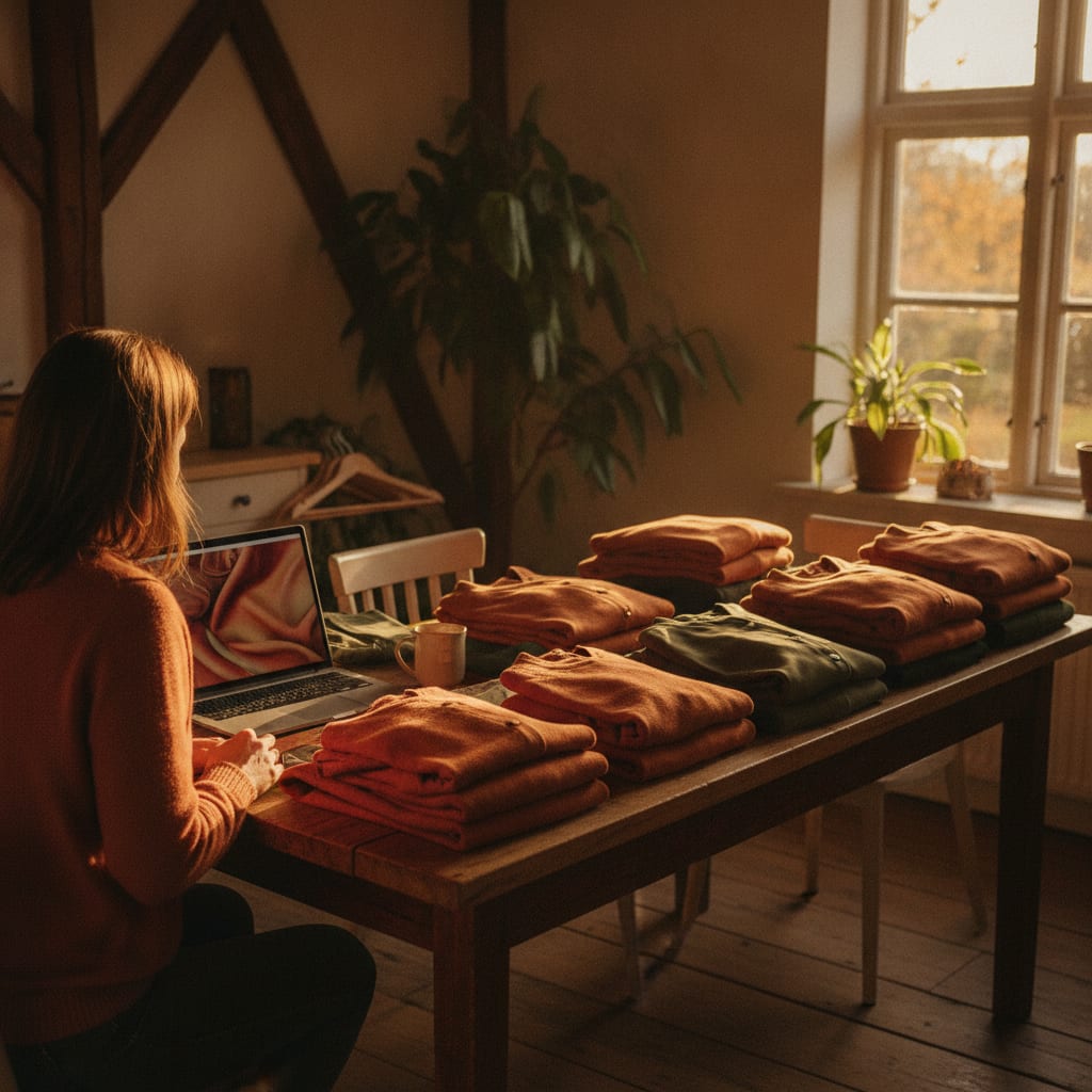 Webshopeigenaar maakt productfoto's kleding thuis achter laptop