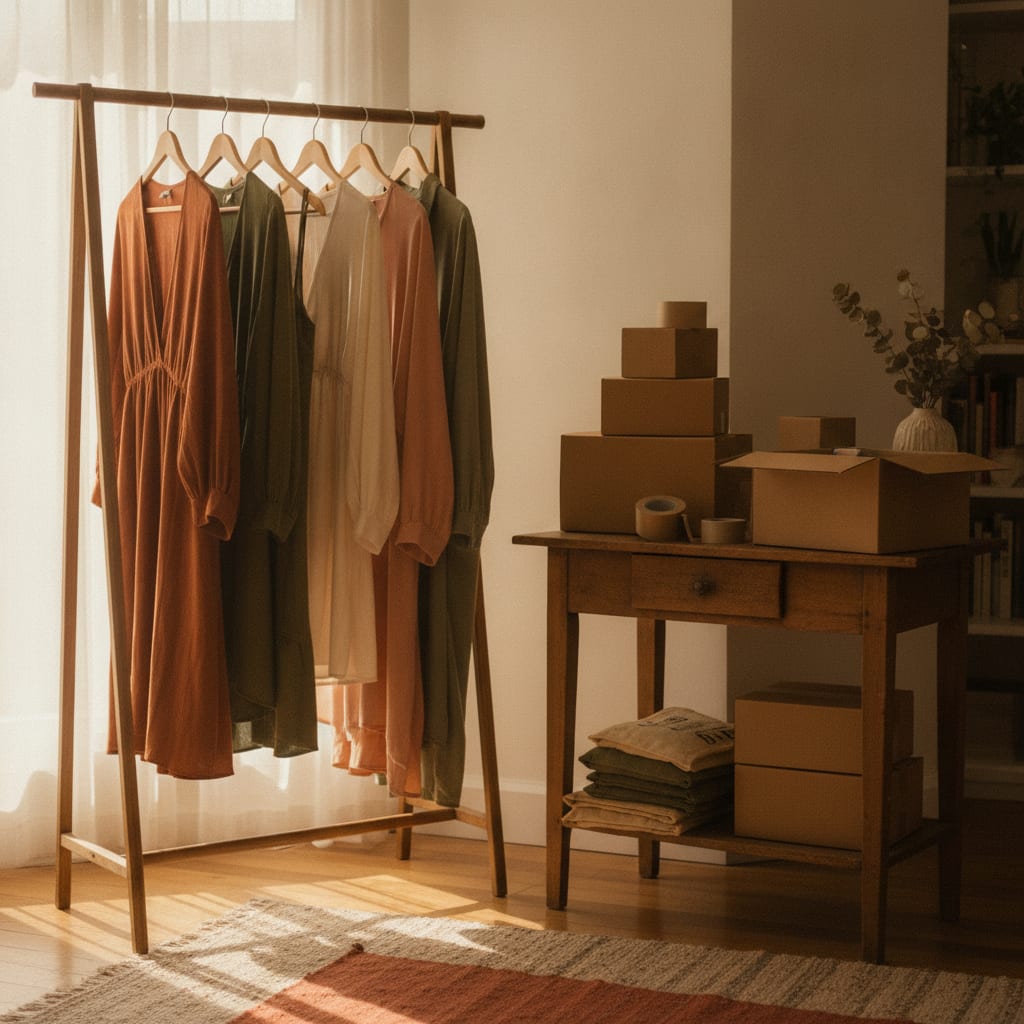 Kleine kledingcollectie en verzenddozen bij thuiswebshop productfoto's