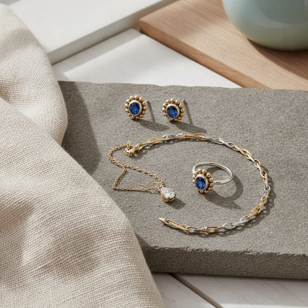 Sieraden op steen en linnen tonen productfotografie sieraden met natuurlijk licht