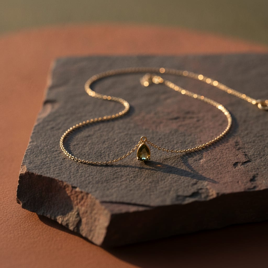 Sieraad als stilleven op steen Gouden ketting op steen toont technieken uit sieraden fotografie voor webshops