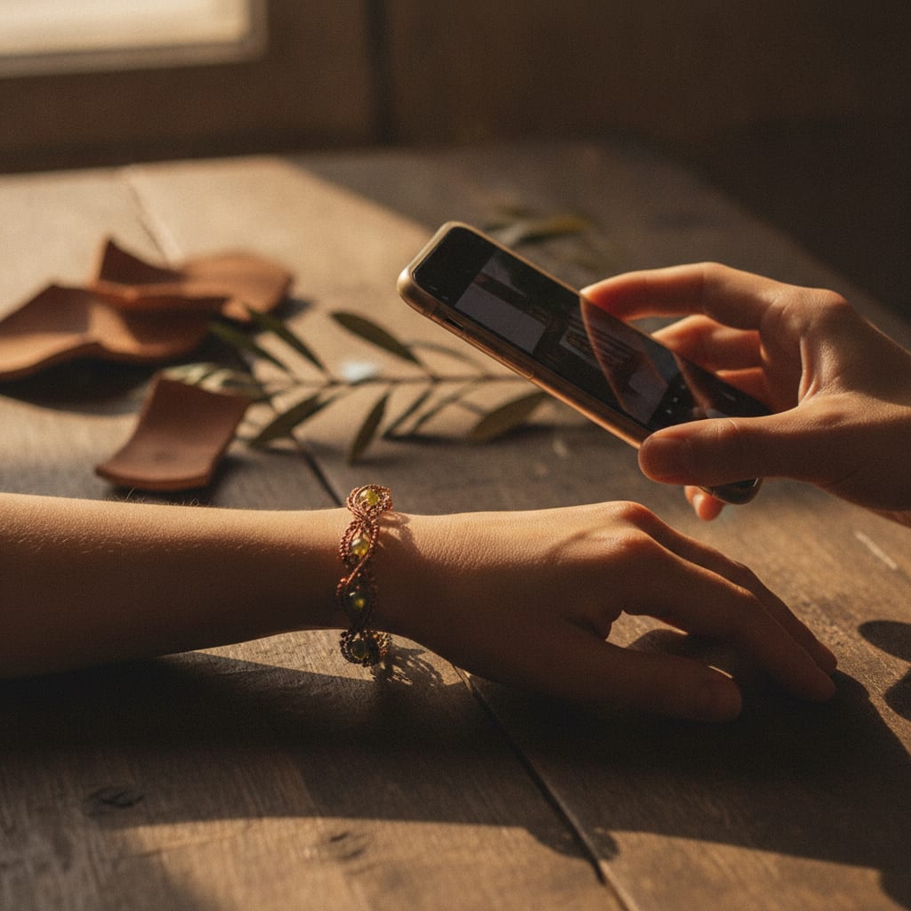 Gedragen sieraad met de telefoon Telefoon fotografeert gedragen armband voor eenvoudige sieraden fotografie thuis