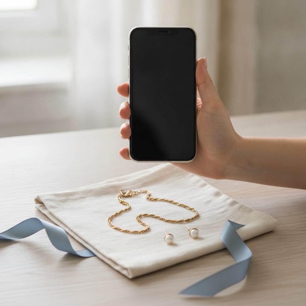 Hand maakt sieraden fotos met telefoon van gouden ketting op tafel