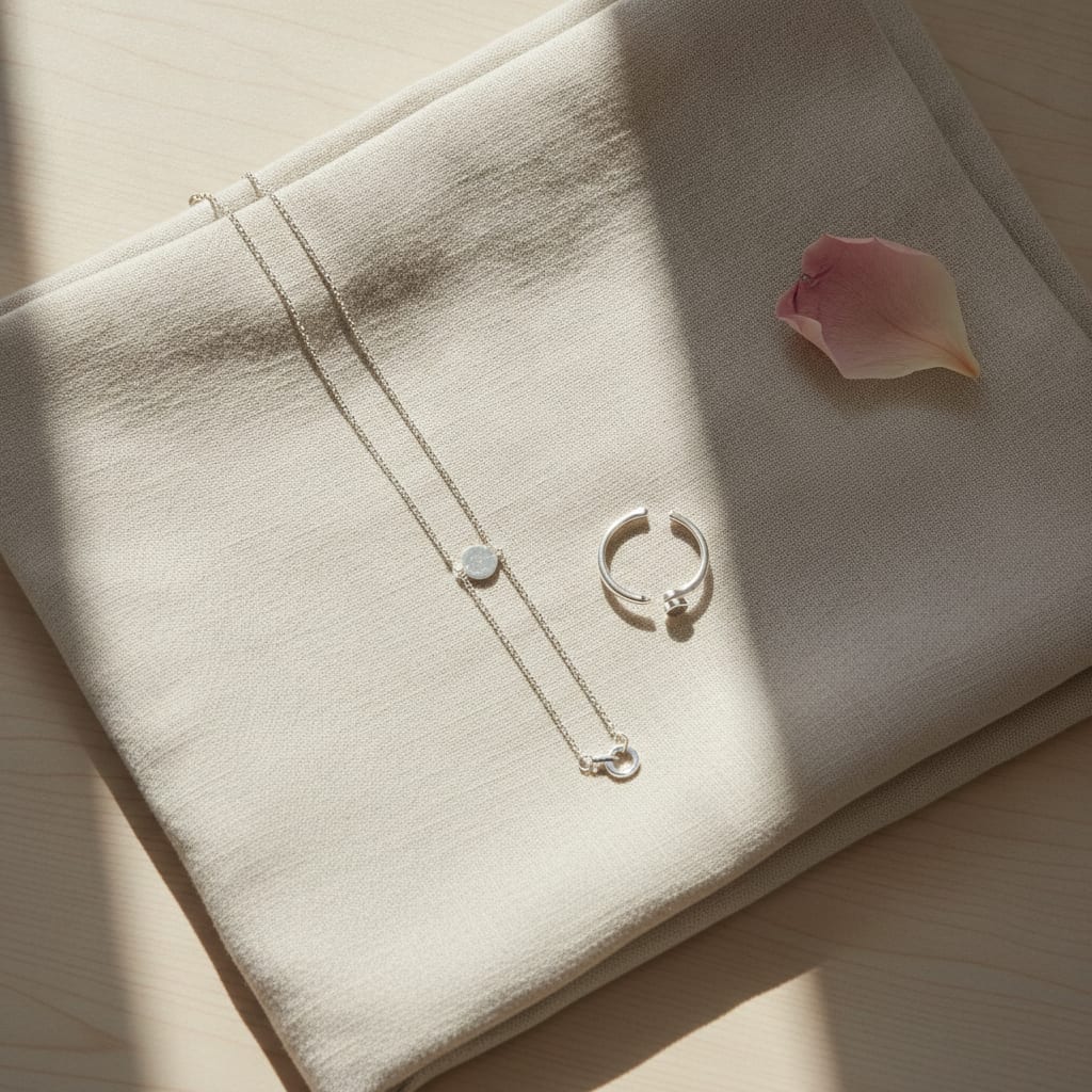De juiste achtergrond voor sieraden Zilveren sieraden plat uitgestald voor scherpe sieraden fotos webshop
